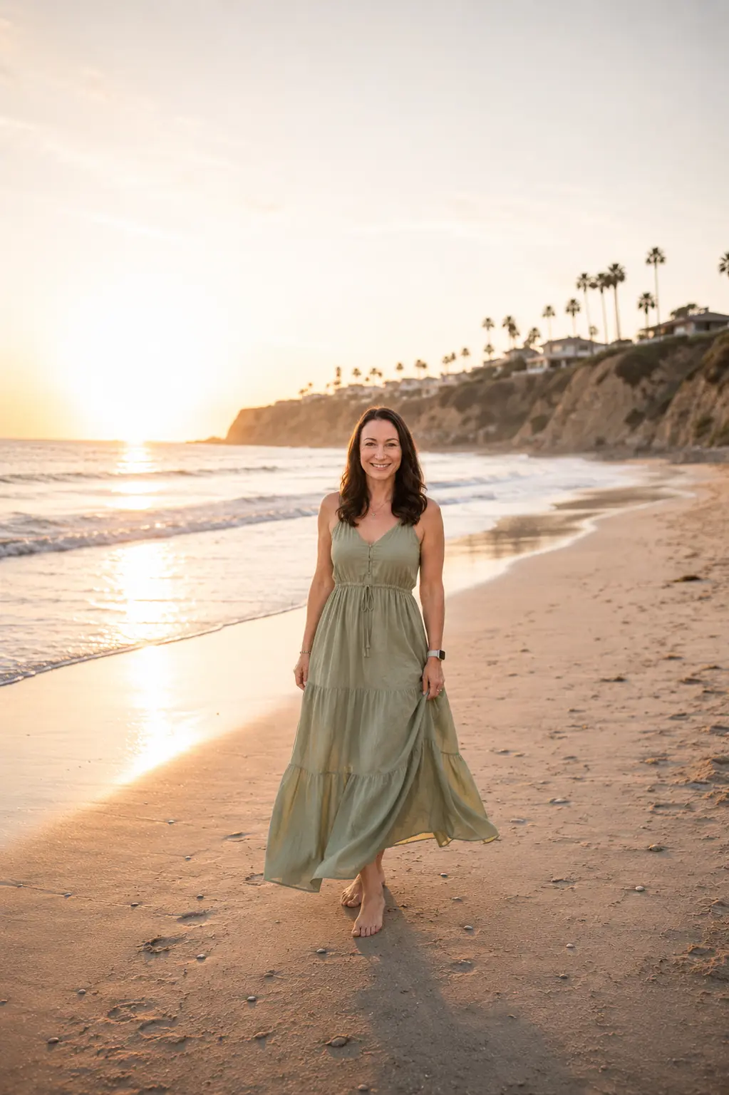 AI Twin in a sage green maxi dress walking on the beach at sunset