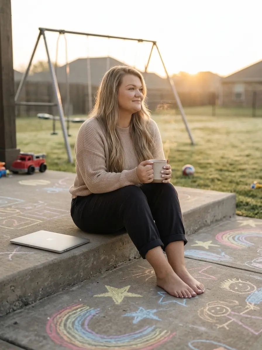 AI Twin with coffee outside at golden hour in the backyard