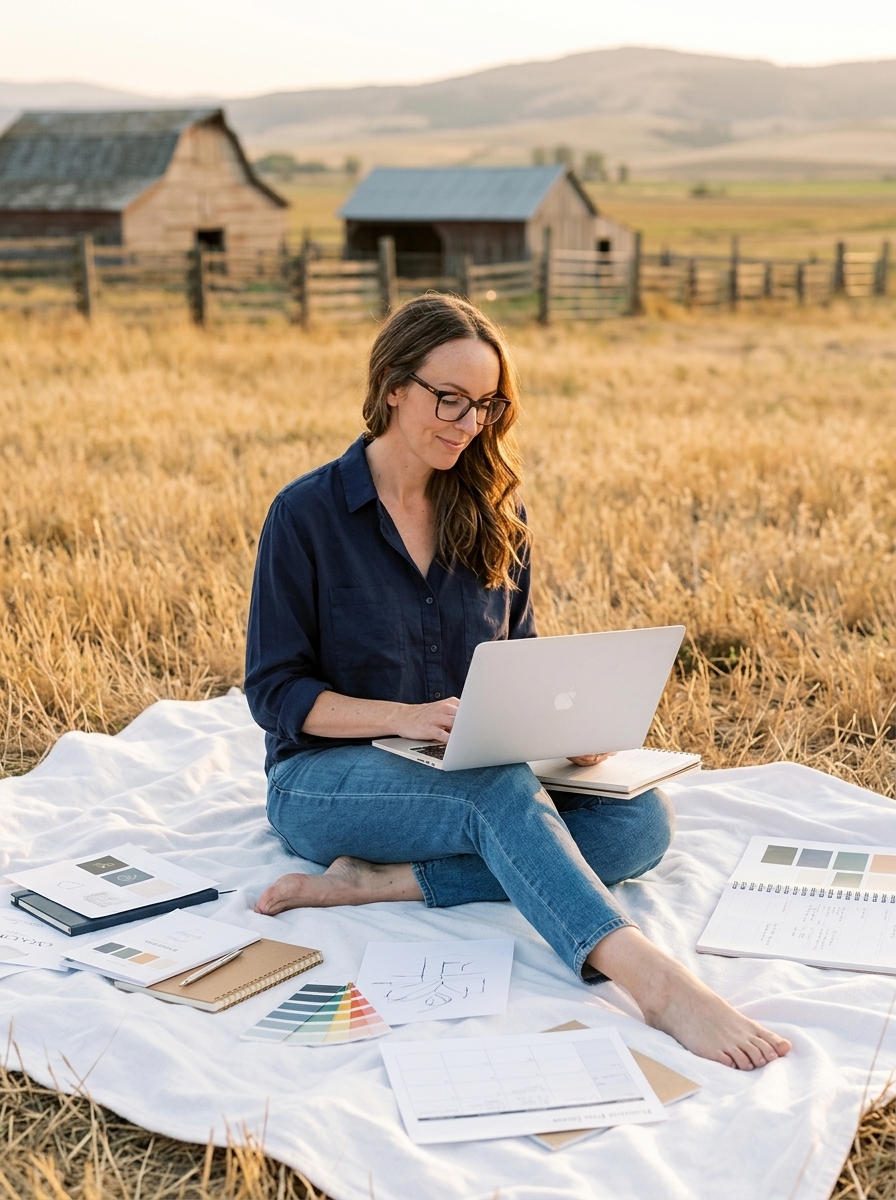 AI Twin working on a laptop in a golden field at sunset
