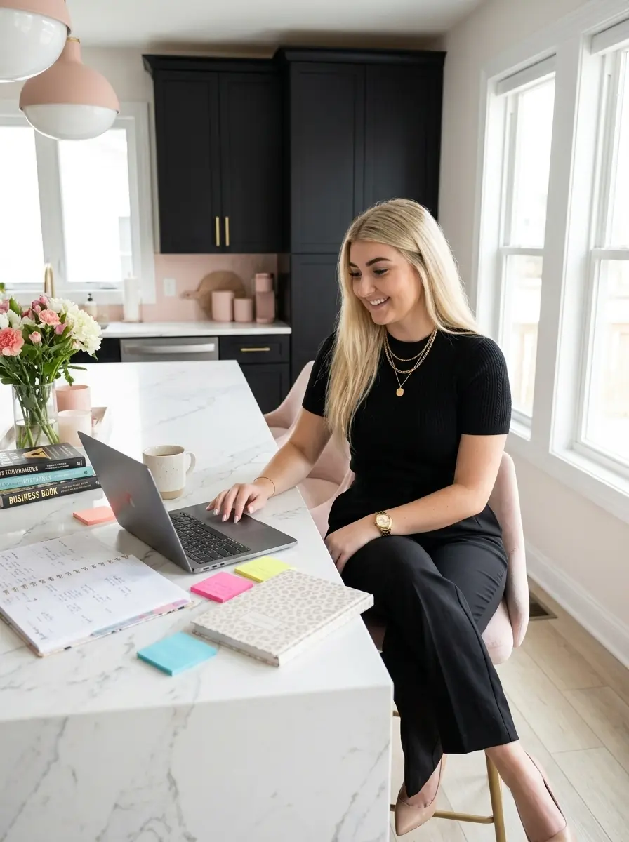 AI Twin working on a laptop at a marble kitchen island