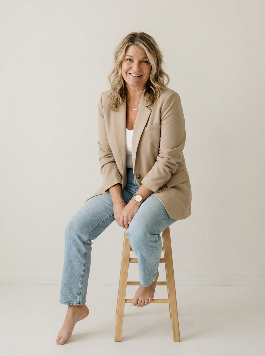 AI Twin in a tan blazer and jeans sitting on a wooden stool in a bright studio