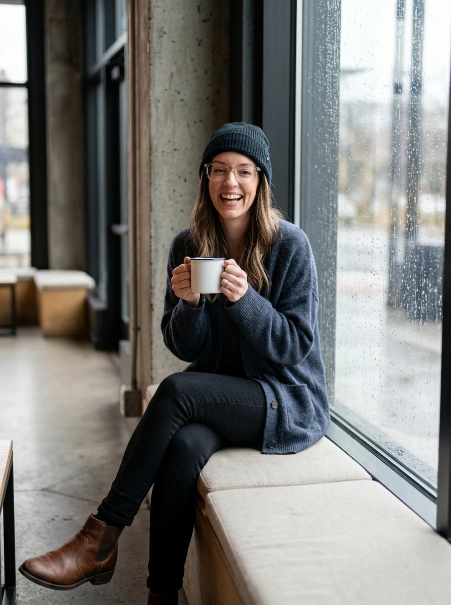 AI Twin in a knit beanie and glasses laughing with a mug in a rainy cafe