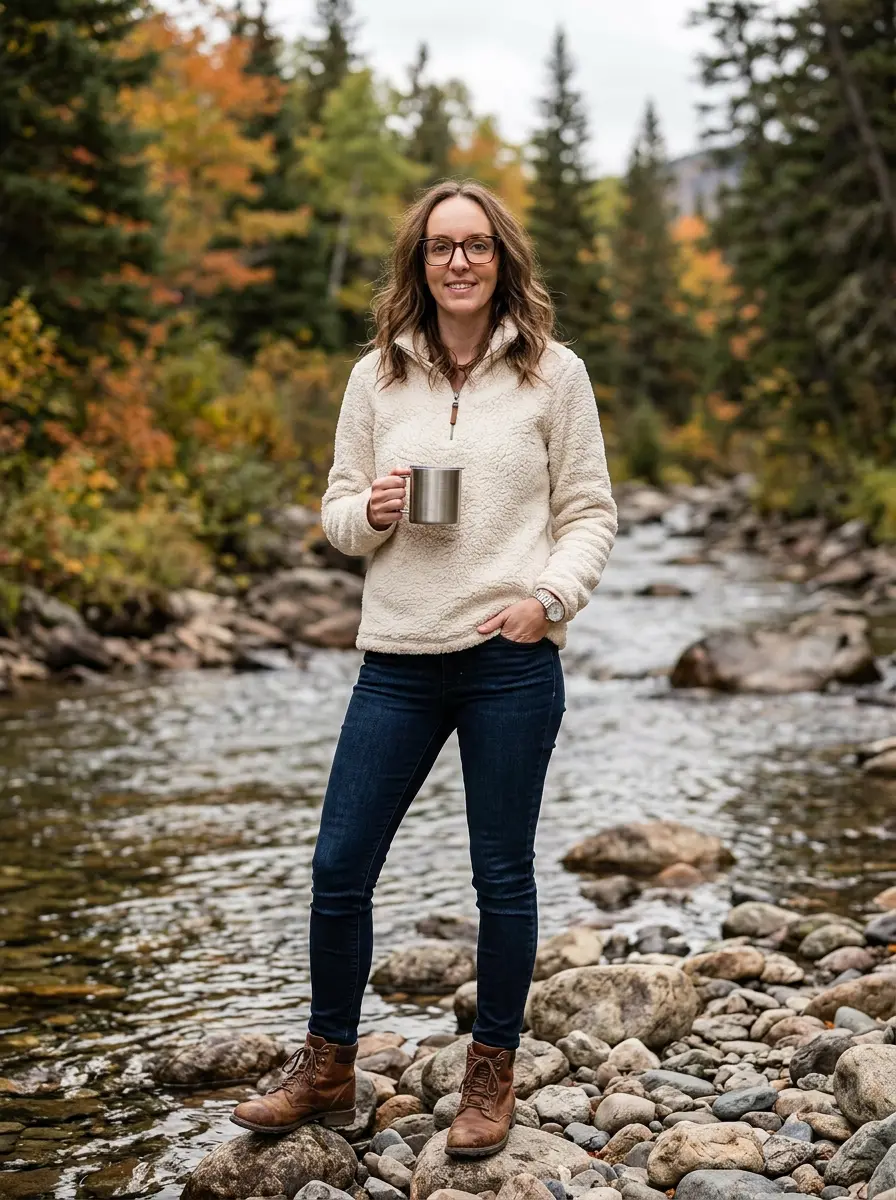 AI Twin in a sherpa pullover holding a camping mug by a rocky river