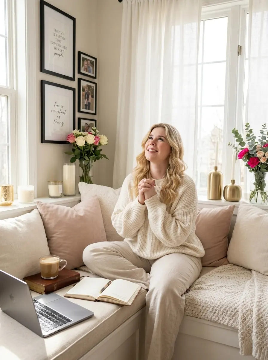 AI Twin relaxing on a window seat with a journal and laptop
