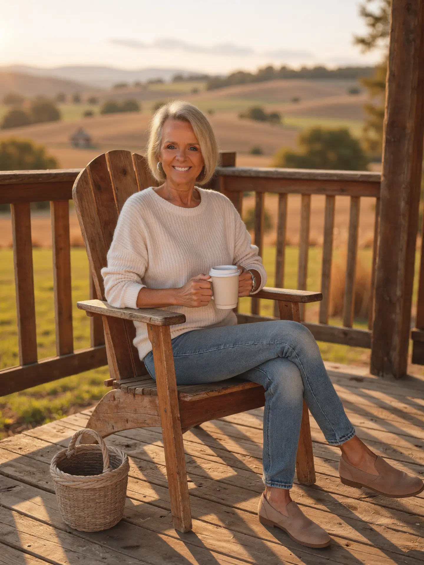 AI Twin in a cream sweater with coffee on a porch at golden hour