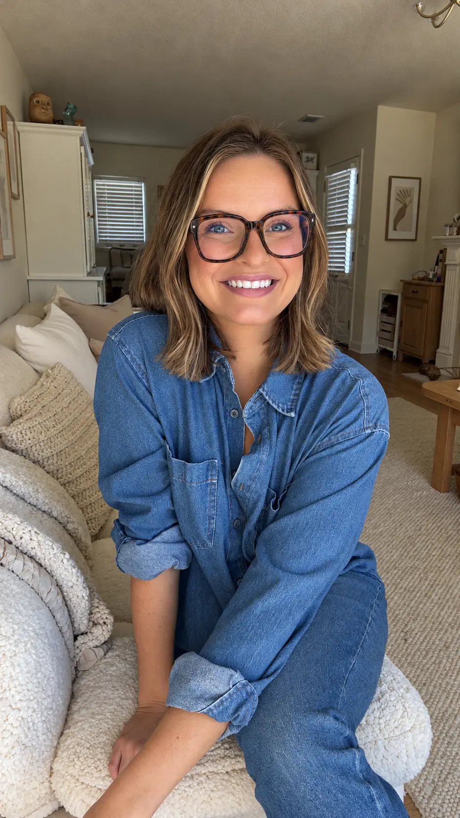 Smiling AI Twin in glasses and denim in a cozy living room