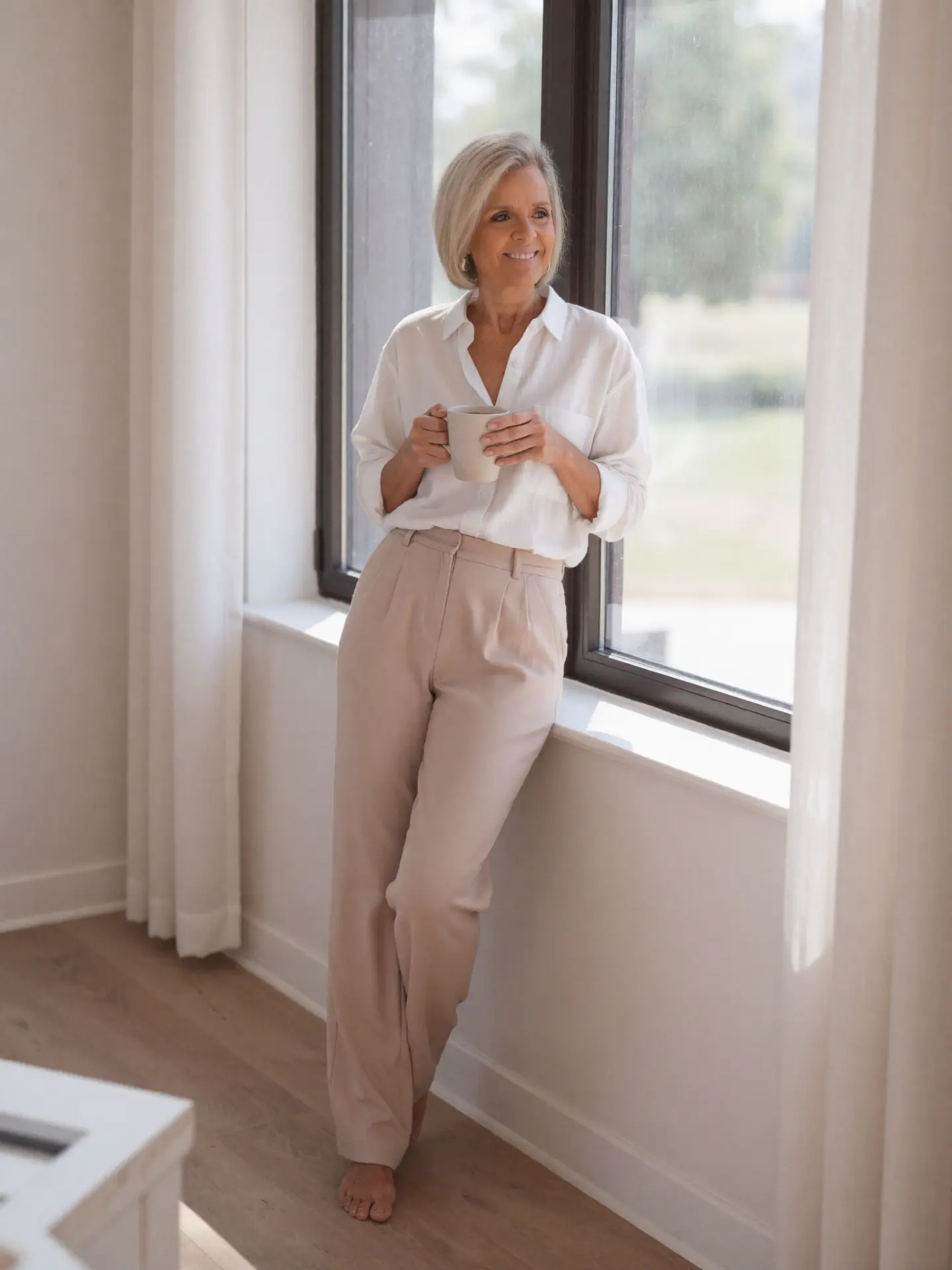 AI Twin in a white shirt and beige trousers leaning by the window with a coffee mug