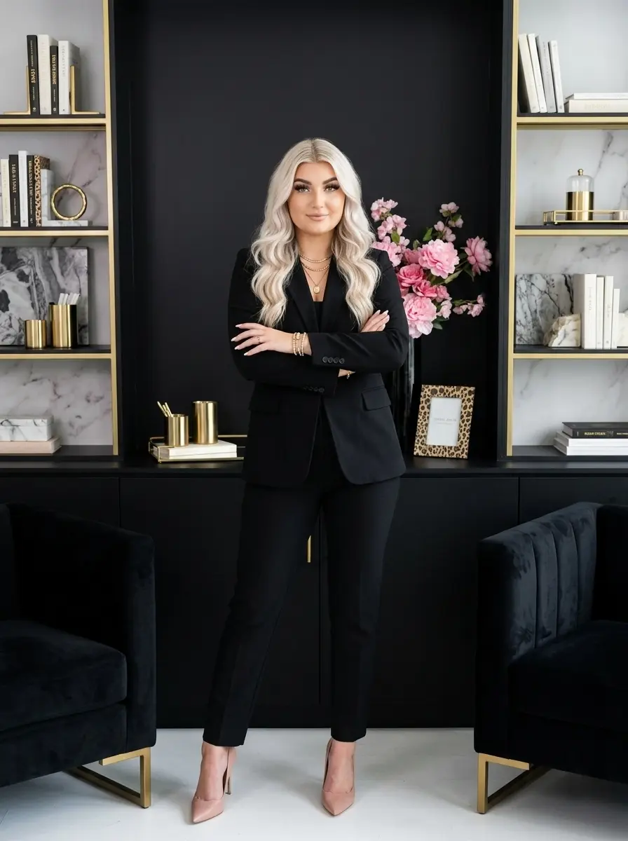 AI Twin in a black suit standing confidently in a dark, gold-accented office