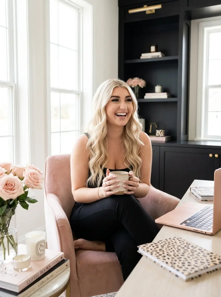 AI Twin laughing in a blush armchair with a coffee mug
