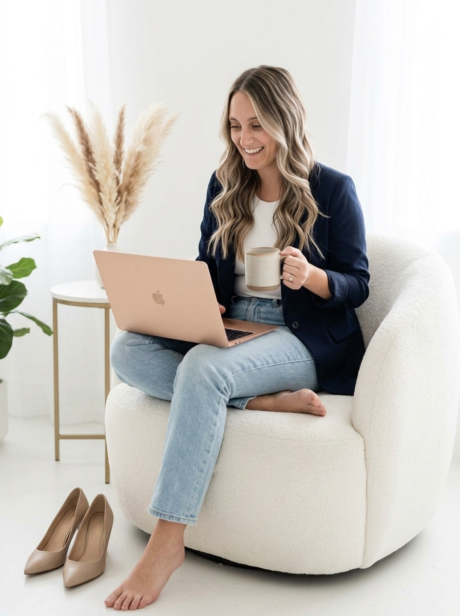 AI Twin in a navy blazer working on a laptop in a white armchair