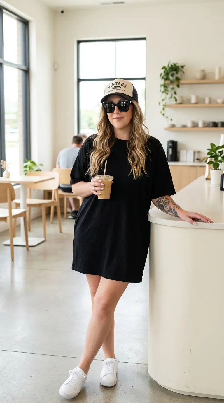 AI Twin in a black tee dress, trucker hat and sunglasses with iced coffee at a coffee shop