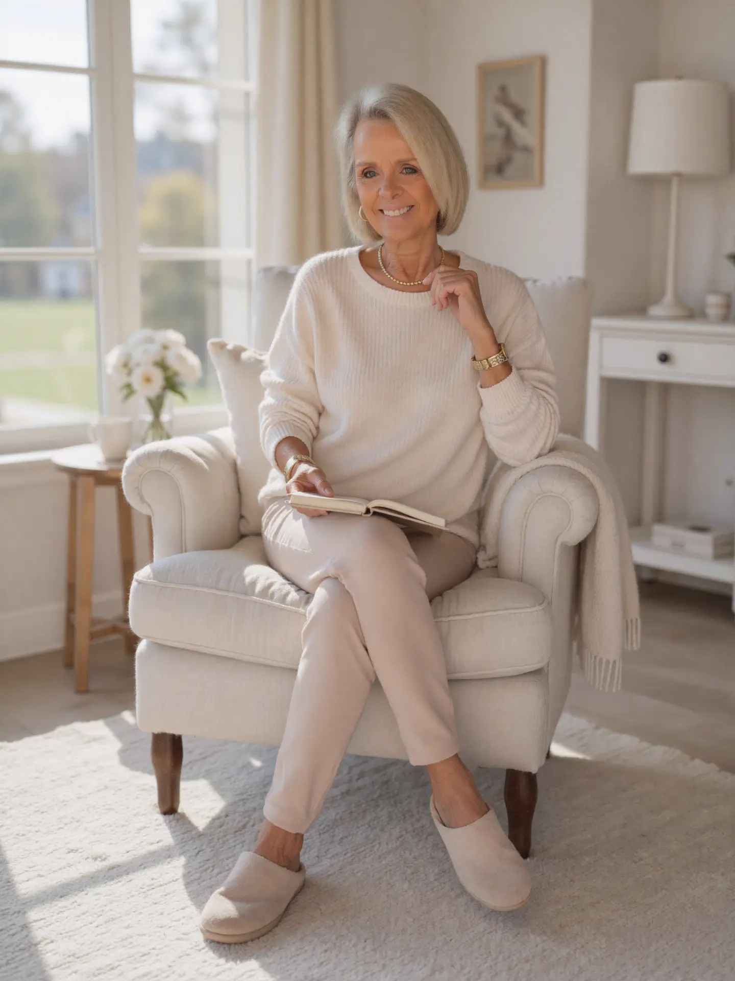 AI Twin in a cream knit sweater curled up in an armchair with a book
