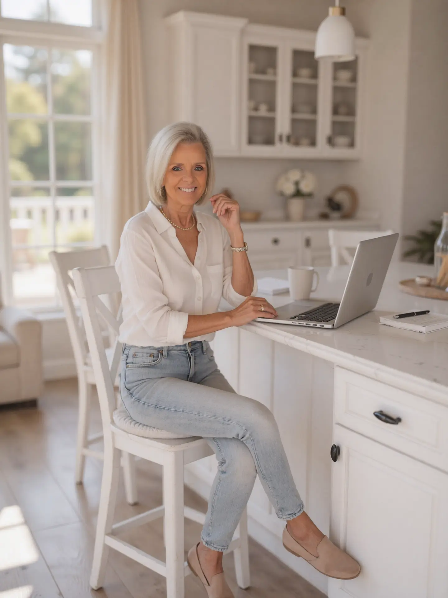 AI Twin with a laptop at a white kitchen counter